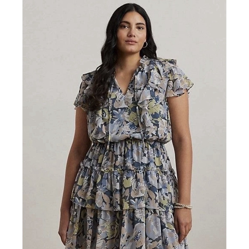 Ralph Lauren Floral Ruffle-Trim Georgette Dress Blue Size 20W NWT - Picture 2 of 11